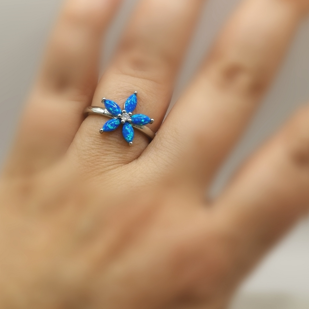 Blue opal CZ Flower Sterling silver ring size 6 🆕 - Picture 7 of 8